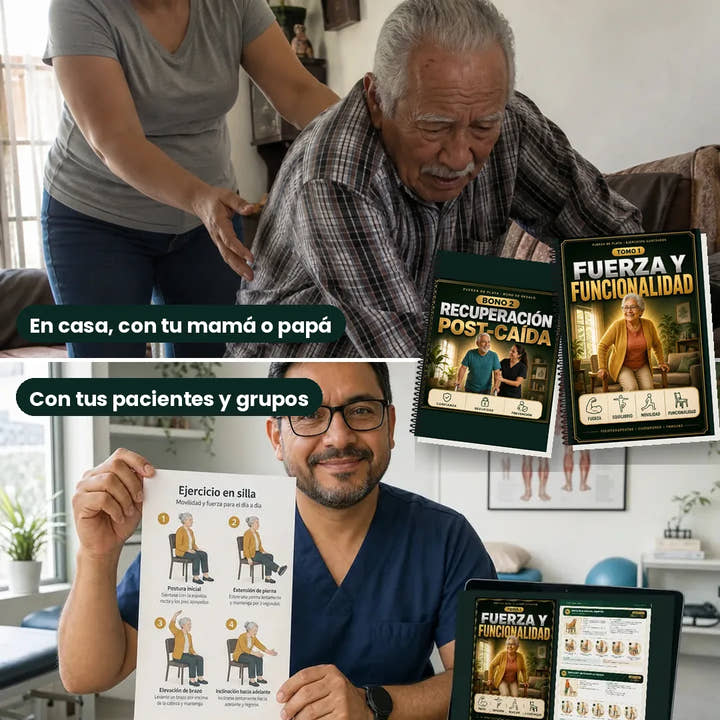 Arriba, una hija ayuda a su papá a levantarse; abajo, un fisioterapeuta muestra una ficha de ejercicio. Junto al Tomo 1 y el bono Post-Caída